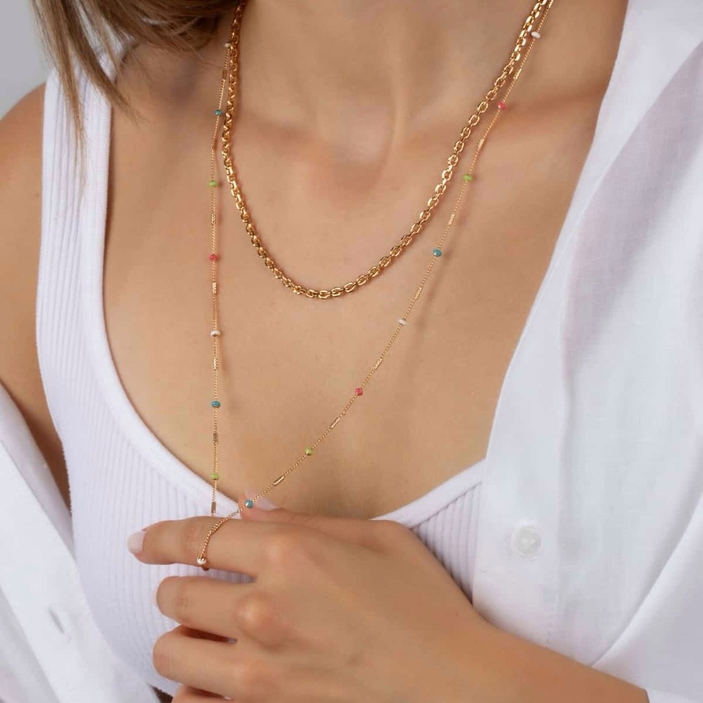 Enameled Colorful Beaded Necklace | 18k Gold Plated Chain | Luxury Jewelry